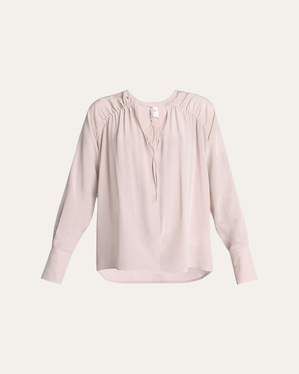 Gathered Tie Long-Sleeve Silk Blouse